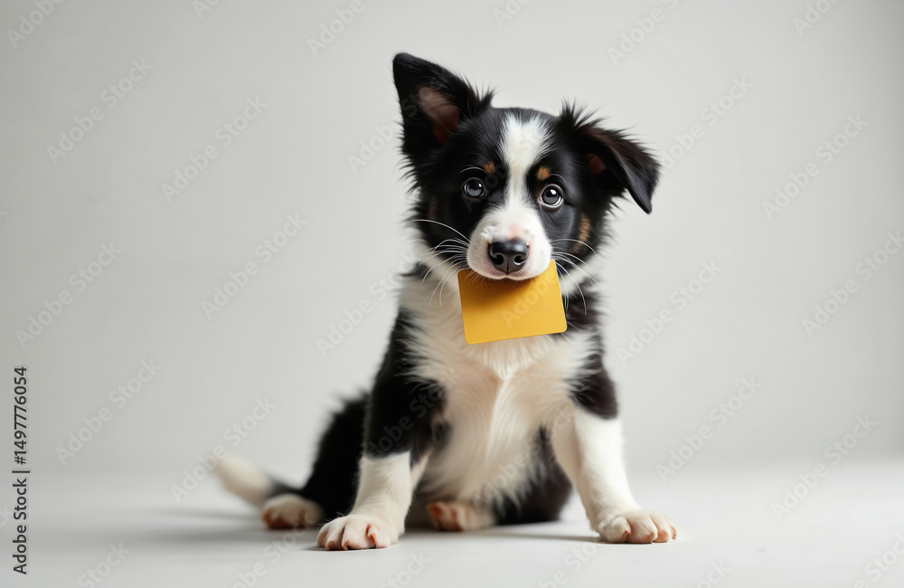 Fototapeta premium Cute border collie puppy holds gold bank credit card in mouth isolated on white background. Little dog with funny puppy eyes waits online sale. Shopping investment banking finance concept.