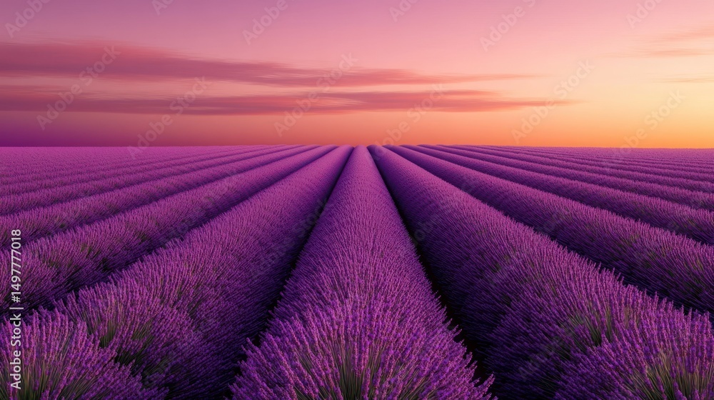 Fototapeta premium Vibrant lavender field under a dramatic sunset with purple and orange hues.