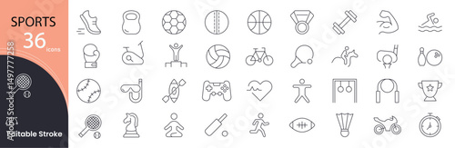 Sport related icons set. Including football, basketball, running, fitness, trophy, team, coach, and competition. Editable stroke. outline icons.
