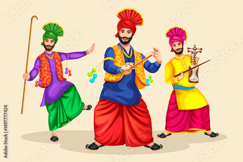 Vector illustration of a group of Punjabi Bhangra dancers with Bhangra traditional props performing folk dance