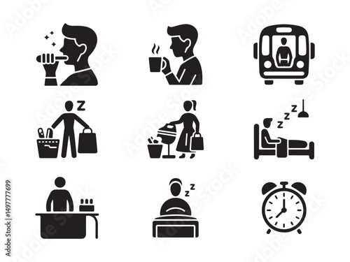 This image showcases a set of nine simple, black silhouette icons depicting various business people engaged in common office tasks.