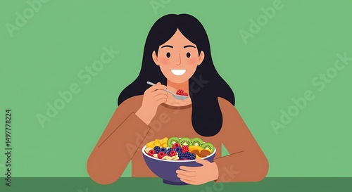 Woman Eating Fruit Salad with Spoon Illustration