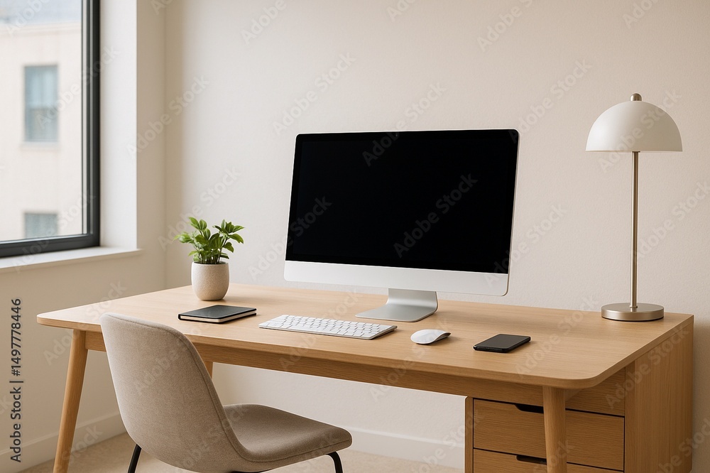 Minimalist modern office with natural lighting, stylish furniture, and clean tech setup, realistic photo style Minimalist modern office with natural lighting, stylish furniture, and clean tech setup, realistic photo style