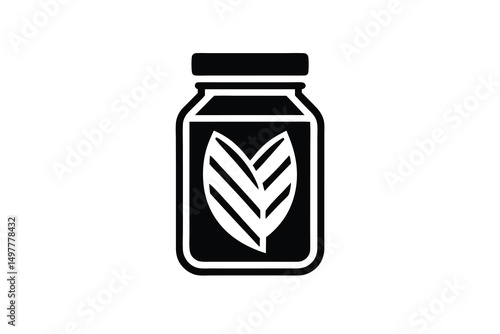 Glass jar silhouette with two leaves inside natural product packaging