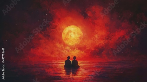 Couple Silhouetted Against Giant Moon and Ocean