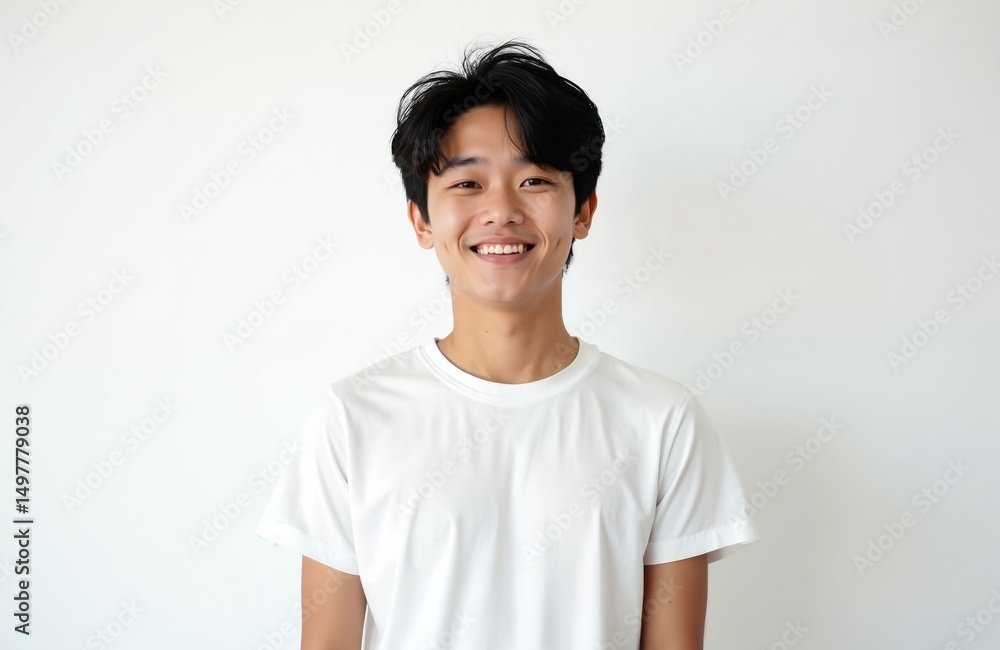 Young Asian man in white T-shirt smiles. Happy guy stands against clean white studio backdrop. Short dark hair, cheerful face. Ideal for beauty, fashion promos. Model poses. Portrait of attractive Young Asian man in white T-shirt smiles. Happy guy stands against clean white studio backdrop. Short dark hair, cheerful face. Ideal for beauty, fashion promos. Model poses. Portrait of attractive