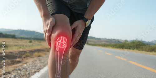 Man Suffering from Knee Pain While Jogging on Roadside A runner holds his injured knee