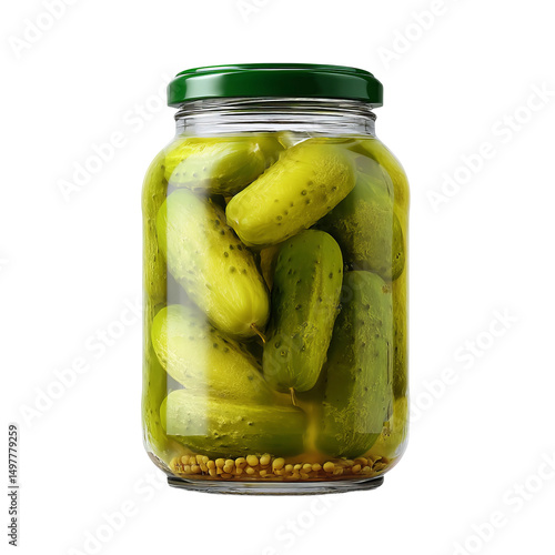 A jar of delicious pickles, ready to be enjoyed. The pickles are bright green and look crisp and tangy.