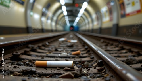 Abandoned Cigarette in Subway: The scene evokes a sense of urban decay and the consequences of neglected behavior. A discarded cigarette rests on the tracks of a subway platform.