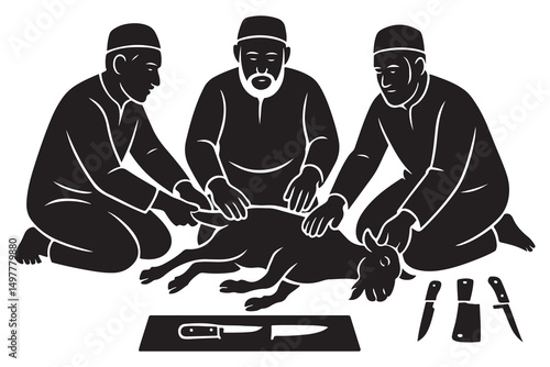 Eid al adha qurbani sacrifice muslim tradition islamic festival animal slaughtering ritual illustration silhouette