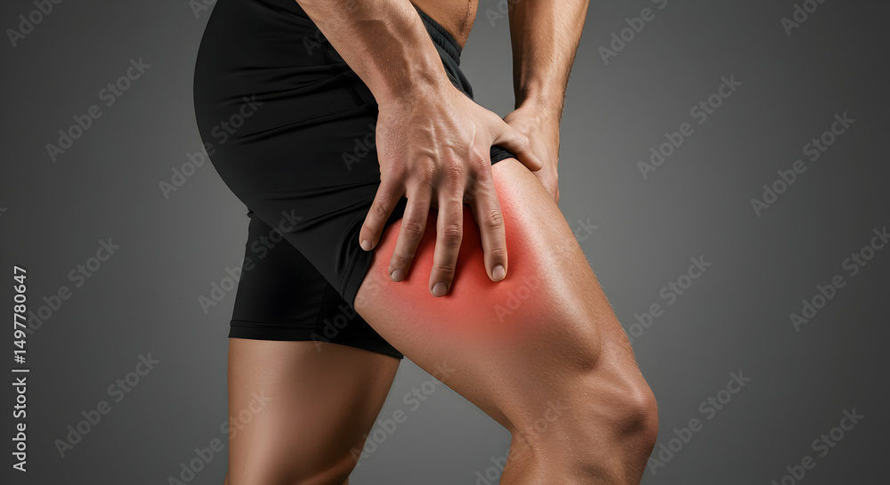 Naklejka premium Muscle pain thigh injury ache soreness inflammation sports recovery workout fitness health medical treatment therapy healthcare exercise bodybuilding athlete