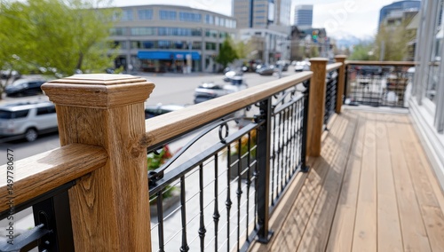 Urban balcony view with wooden railing overlooking busy street.