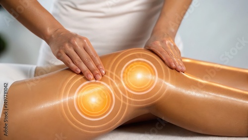 massage aromatherapy muscle concept Massage therapy targeting knees with visual indicators of pain relief.
