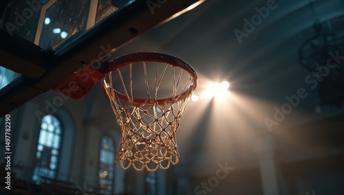 Basketball hoop in an indoor sports arena illuminated by sunlight.