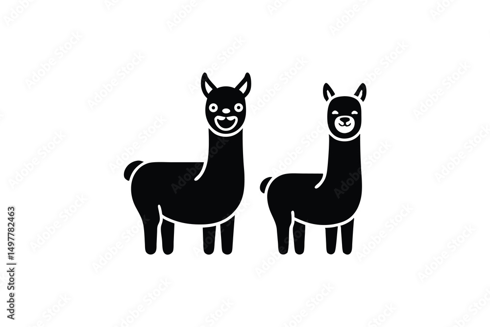 Two adorable llama silhouettes happy and calm animals Two adorable llama silhouettes happy and calm animals