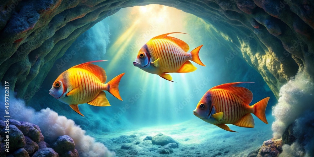 Naklejka premium Three Vibrant Fish Swim Gracefully in an Underwater Cave Illuminated by Sunbeams, Creating a Serene and Magical Aquatic Scene