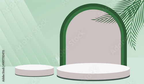3D background podium image with leaves geometric plants. Stage to show products showcases on pedestal template for web banner, sales, poster, ads