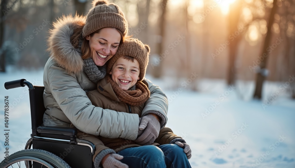 Obraz premium Woman embraces son wheelchair in winter park. Happy boy smiles. Family enjoys snowy winter day outdoors. Mother, child with disability. Love, care, togetherness. Inclusive lifestyle. Moments of joy.
