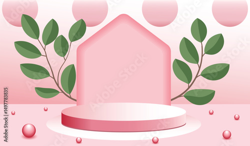 Podium image plants banner set. Stage showcases products sale mockup background, template, poster, branding and labels ads