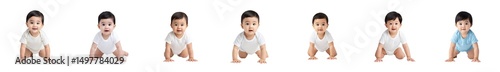 photo realistic full body of a 10 month old southeast asian baby girl with short black hair, light bodysuit, crawling, on white background, centered ,   no grunge, splash, dust   p 31v7rvw