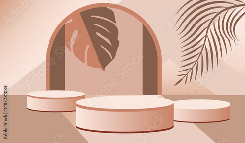 Podium image banner mockup design with tropical plant elements for premium  product display and ads templates background
