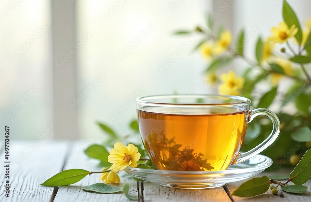 Glass teacup with green tea, linden flowers and birch leaves stands on wooden table. Herbal hot drink, medicinal beverage. Healthy lifestyle, organic therapy, nature. Afternoon tea, summer holiday. Glass teacup with green tea, linden flowers and birch leaves stands on wooden table. Herbal hot drink, medicinal beverage. Healthy lifestyle, organic therapy, nature. Afternoon tea, summer holiday.