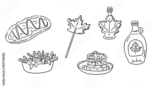 Vector doodle set of Canadian food items including poutine, pancakes, syrup and maple treats on white background. Cultural cuisine concept highlighting iconic national dishes in hand drawn style