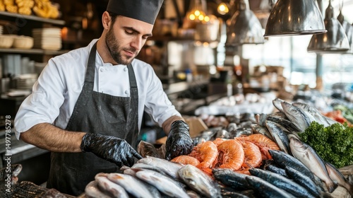 Chef selecting fresh seafood ingredients in a restaurant kitchen.
