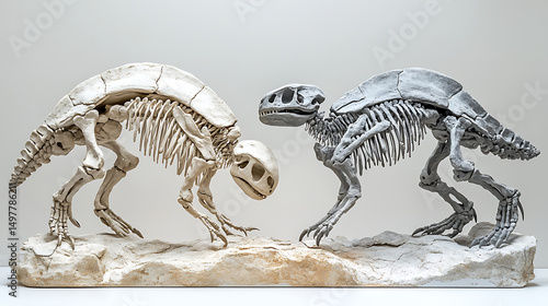 Side-by-side visual of fossil and living recreated creature in bright white background 