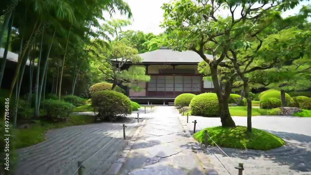 Zen Garden Walkway View with Bamboo Grove and Japanese Architecture Zen Garden Walkway View with Bamboo Grove and Japanese Architecture