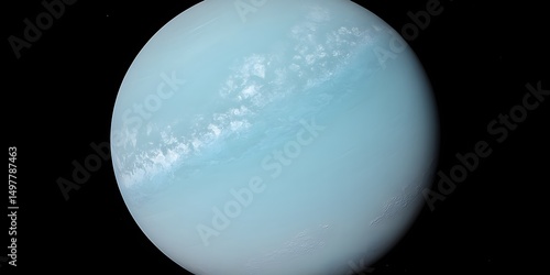 A view of uranus with its pale blue atmosphere and faint cloud bands against the blackness of space