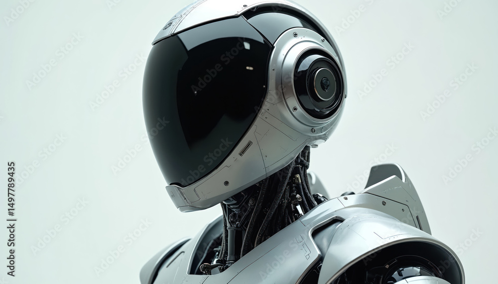 Close-up illustration futuristic robot. Shiny black helmet with silver body. Modern ai cyborg with camera eye. Technology innovation. Robotic automation, digital art, artificial intelligence. Close-up illustration futuristic robot. Shiny black helmet with silver body. Modern ai cyborg with camera eye. Technology innovation. Robotic automation, digital art, artificial intelligence.