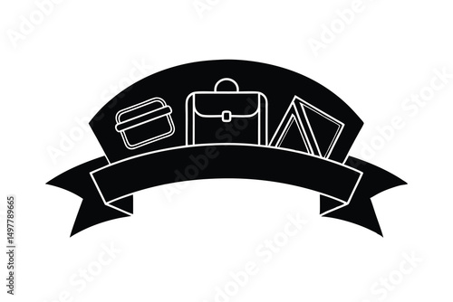 Black silhouette of bags and tent on banner