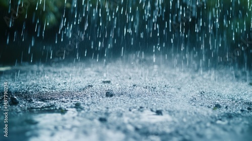 A close-up photo of heavy rain falling on the ground in a blurred background.