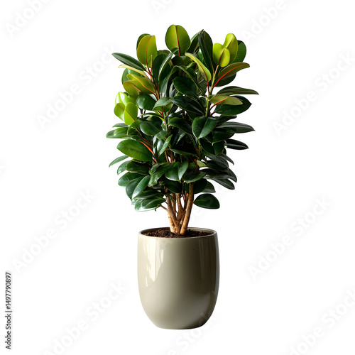 Rubber plant in a tall oval pot displayed on isolated transparent background indoor plants