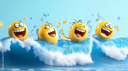 Cartoon emojis surfing on water phone waves