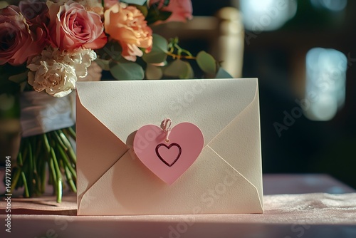 Love letter and bouquet on the desk