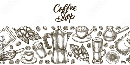 Seamless background with cups, coffee maker, beans. Cafe shop menu, label design elements. Vector sketch illustration