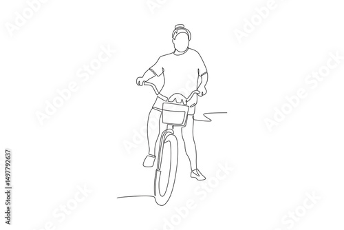 Woman riding a bicycle. World bicycle day concept one-line drawing