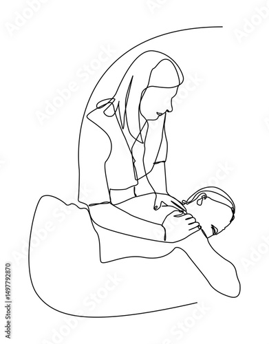 Continuous single line drawing of a massage therapist giving a relaxing treatment to a client lying down. health services, spa, body therapy, self care, and relaxation.