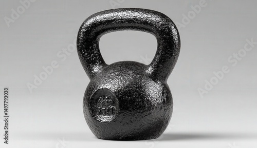 Black cast iron kettlebell on gray background.
