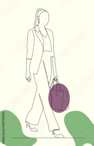 Minimalist single line drawing of a fashionable woman in business attire walking while carrying a handbag. fashion brand, lifestyle blog, magazine layout or social media graphic
