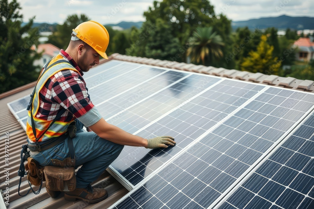 Worker Installing Solar Panels Worker Installing Solar Panels