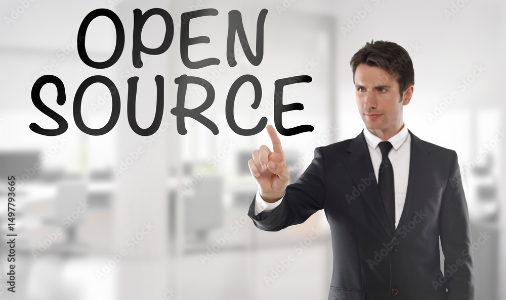 Businessman touch a transparent screen with Businessman touch a transparent screen with