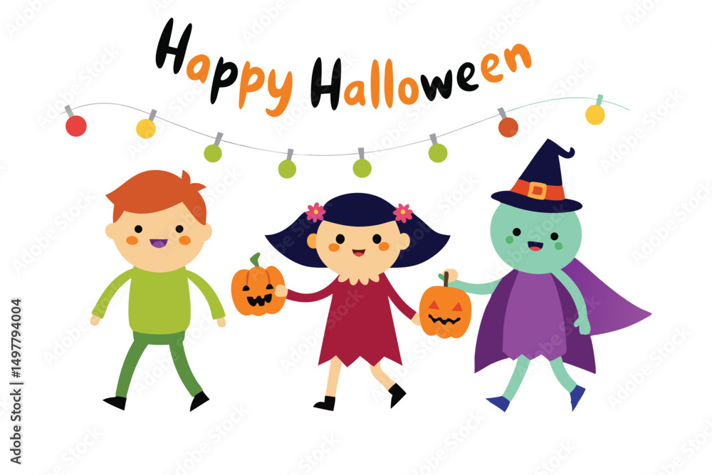 Fototapeta premium Kids in Halloween Costumes Trick-or-Treating Under Fairy Lights – Festive Art on White Background