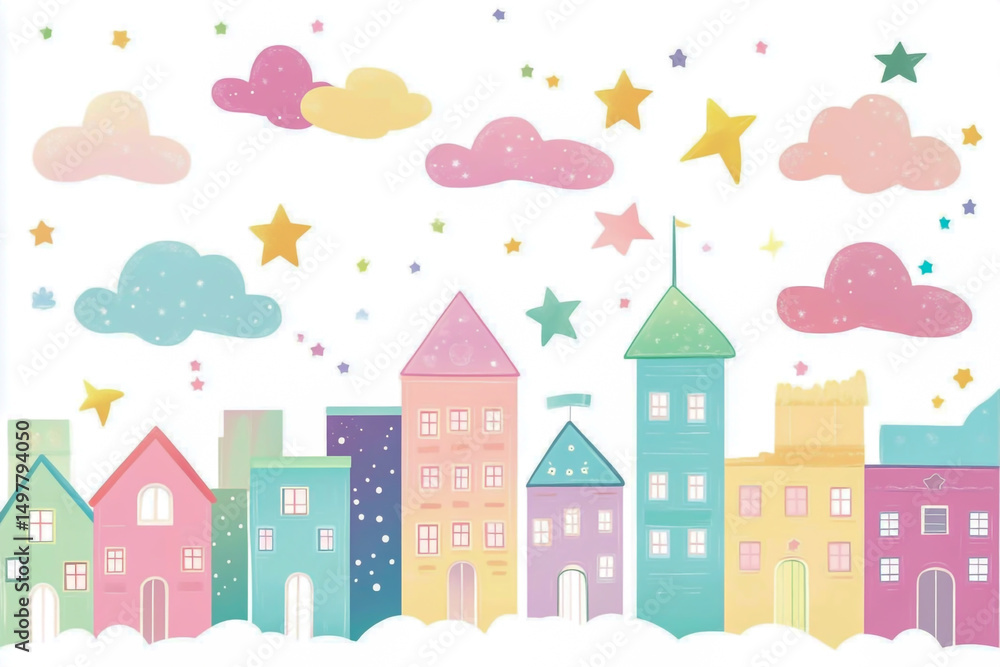 A charming pastel-colored cartoon city scene with fluffy clouds and twinkling stars in the sky, illustrated with playful, whimsical details in a charming children's book style. A charming pastel-colored cartoon city scene with fluffy clouds and twinkling stars in the sky, illustrated with playful, whimsical details in a charming children's book style.