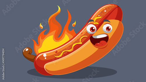 Happy Hot Dog Cartoon Character on Fire with Mustard