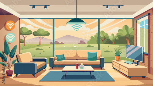 Modern Smart Home Living Room with Scenic View and Wifi