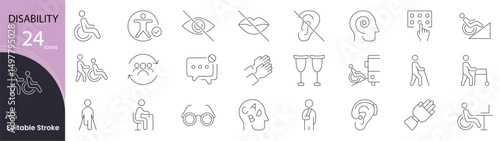 Disability related icons set. Including accessibility, wheelchair, hearing aid, braille, support, assistive technology, and inclusion. Editable stroke. outline icons.