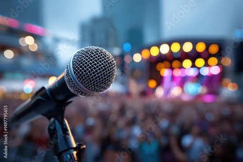 Microphone on stage with blurred audience.